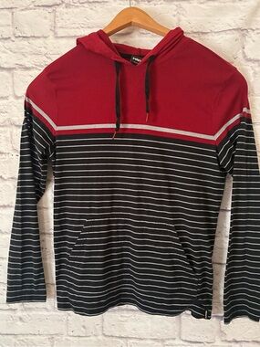 Tony Hawk Men’s Red and Black Striped Hooded Long-Sleeve Shirt Small